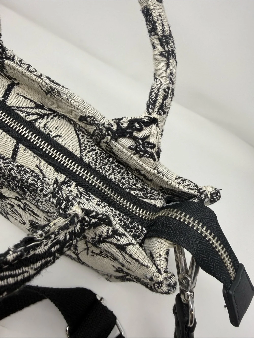 Black & Cream Printed Mini Tote Crossbody Bag with Detachable Strap